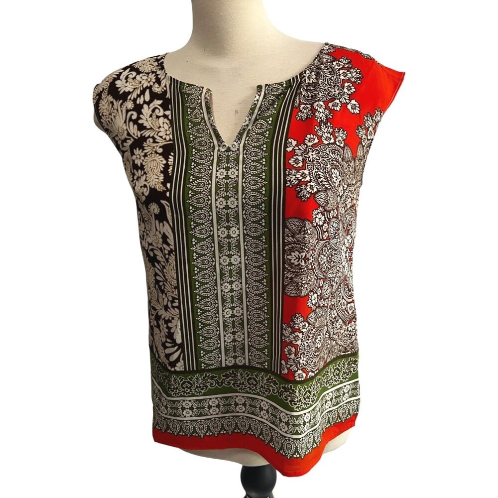 Talbots Paisley Sleeveless Blouse Sz Small Petite Womens Orange & Green